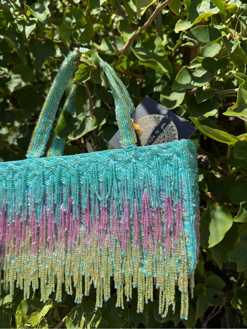 NWT Made in India Beaded Fringe Tassels Draped Blue Teal Purple Green Beaded Bag - Picture 2 of 4